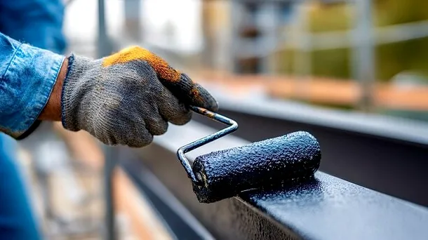 Gloved hand rolling black finish onto an outdoor railing