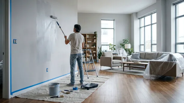 Painter rolling a wall in a bright open-plan living room